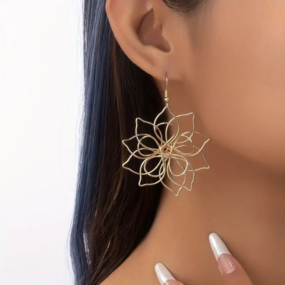 NEW Gold flower earrings, lotus jewelry, gold dangle earrings, trendy jewelry